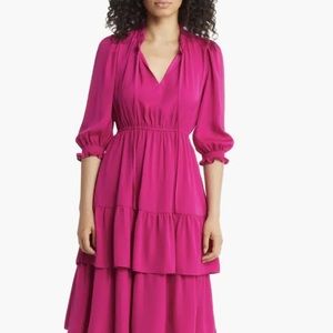 MELLODAY magenta tiered satin midi dress